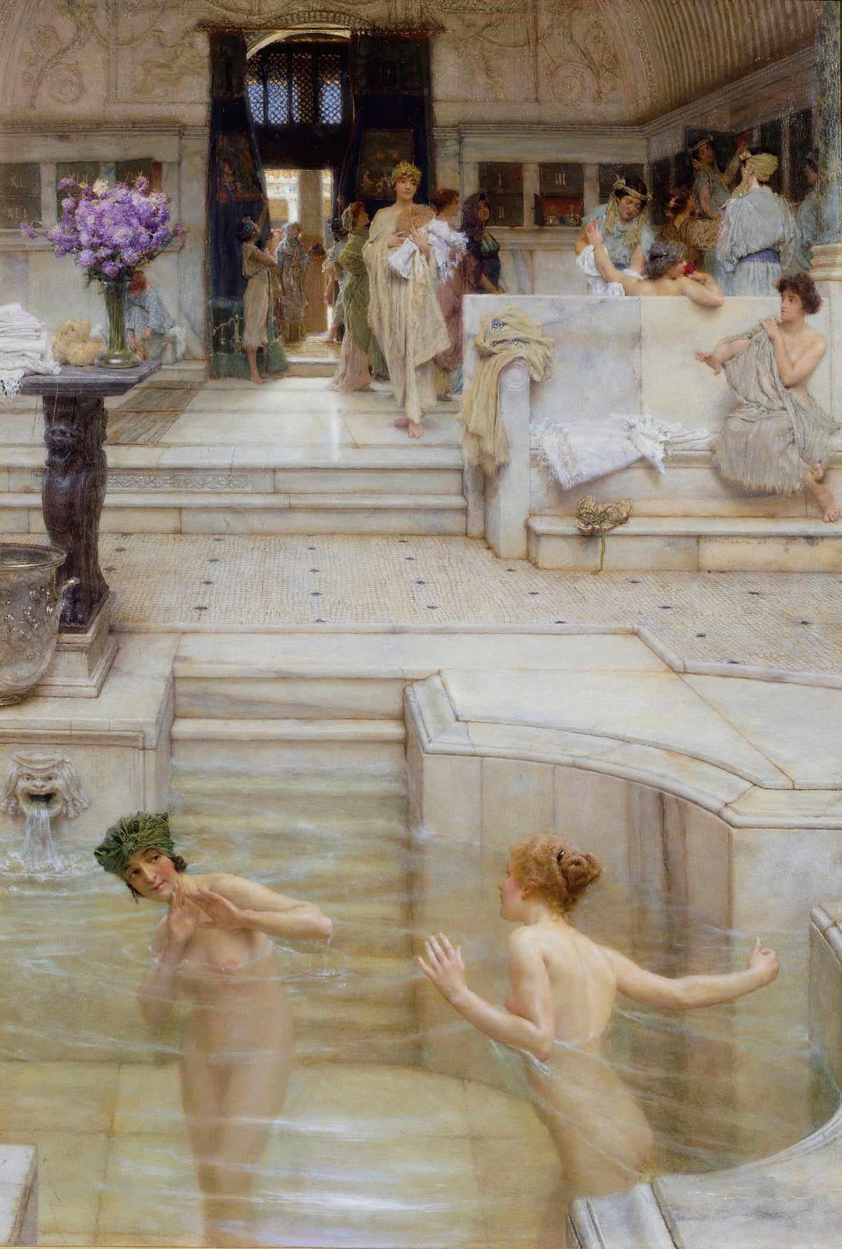 A Favourite Custom by Lawrence Alma-Tadema — Two bathers splash in a marble pool in a Roman bathhouse