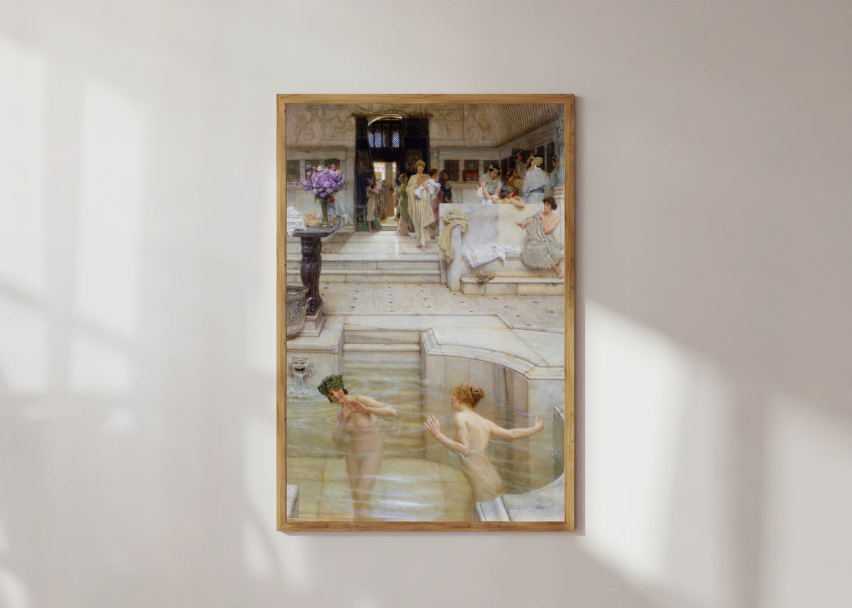 Framed art print of A Favourite Custom by Lawrence Alma-Tadema, in a light wood frame on a sunlit white wall