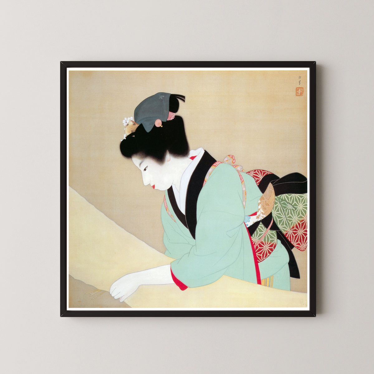 A Fine Day by Uemura Shōen — shown framed on a wall