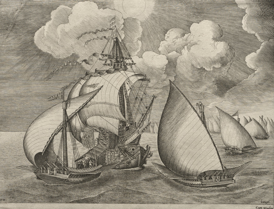 Pieter Bruegel the Elder — A Fleet of Galleys Escorted by a Caravel | Engraving Print shown to scale on a wall above a sofa