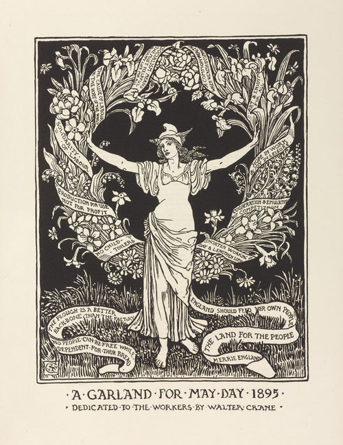 A Garland for May Day by Walter Crane — A woman in a winged cap spreads garlands of banners and flowers
