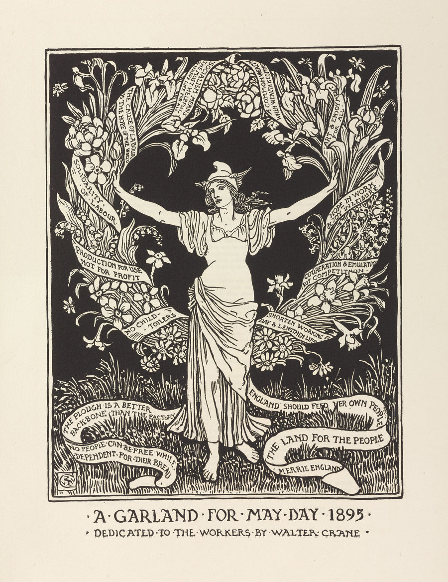Walter Crane — A Garland for May Day | Art Nouveau Print shown to scale on a wall above a sofa