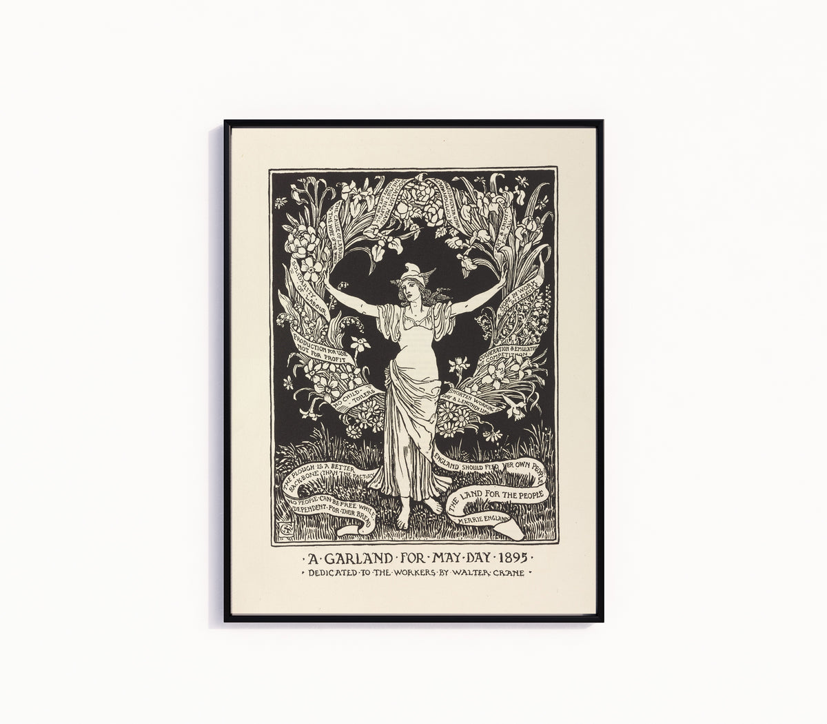 Framed art print of A Garland for May Day by Walter Crane, in a slim black frame on a plain white wall