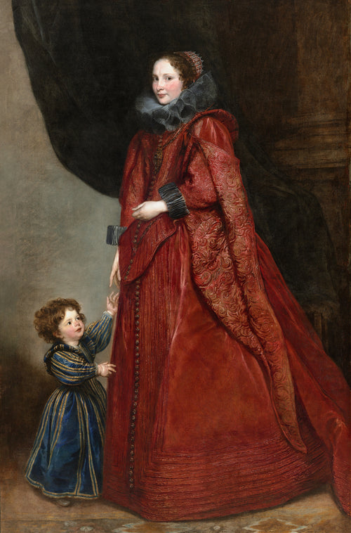 A Genoese Lady with Her Child by Anthony van Dyck — A lady in deep red silk lowers a hand to her small child