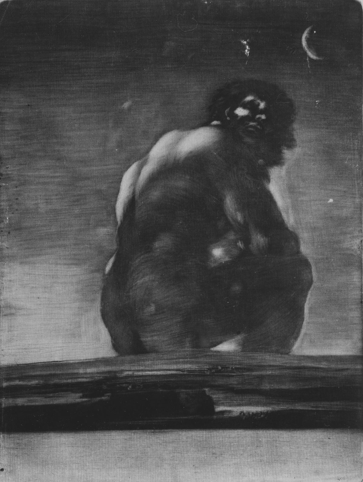 A Giant Seated in a Landscape (The Colossus) by Francisco de Goya — A huge seated giant looks back under a crescent moon