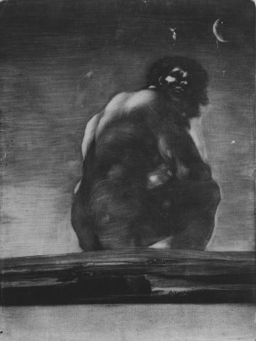 A Giant Seated in a Landscape (The Colossus) by Francisco de Goya — A huge seated giant looks back under a crescent moon