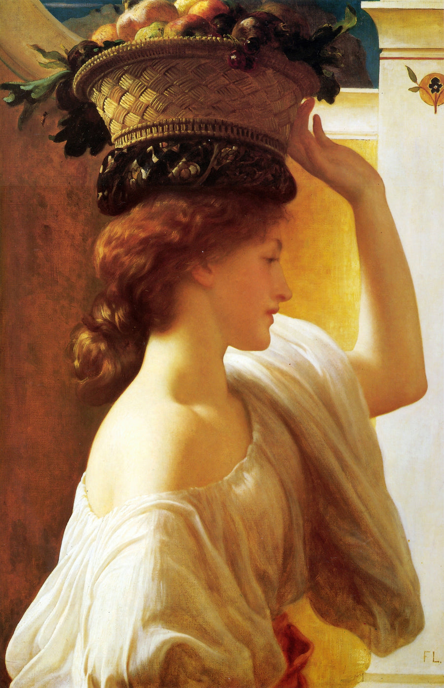 Frederic Leighton — A Girl with a Basket of Fruit | Art Print shown to scale on a wall above a sofa