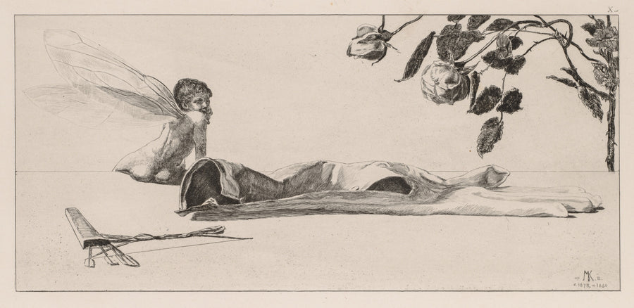 Max Klinger — A Glove: Amor | Etching Print shown to scale on a wall above a sofa
