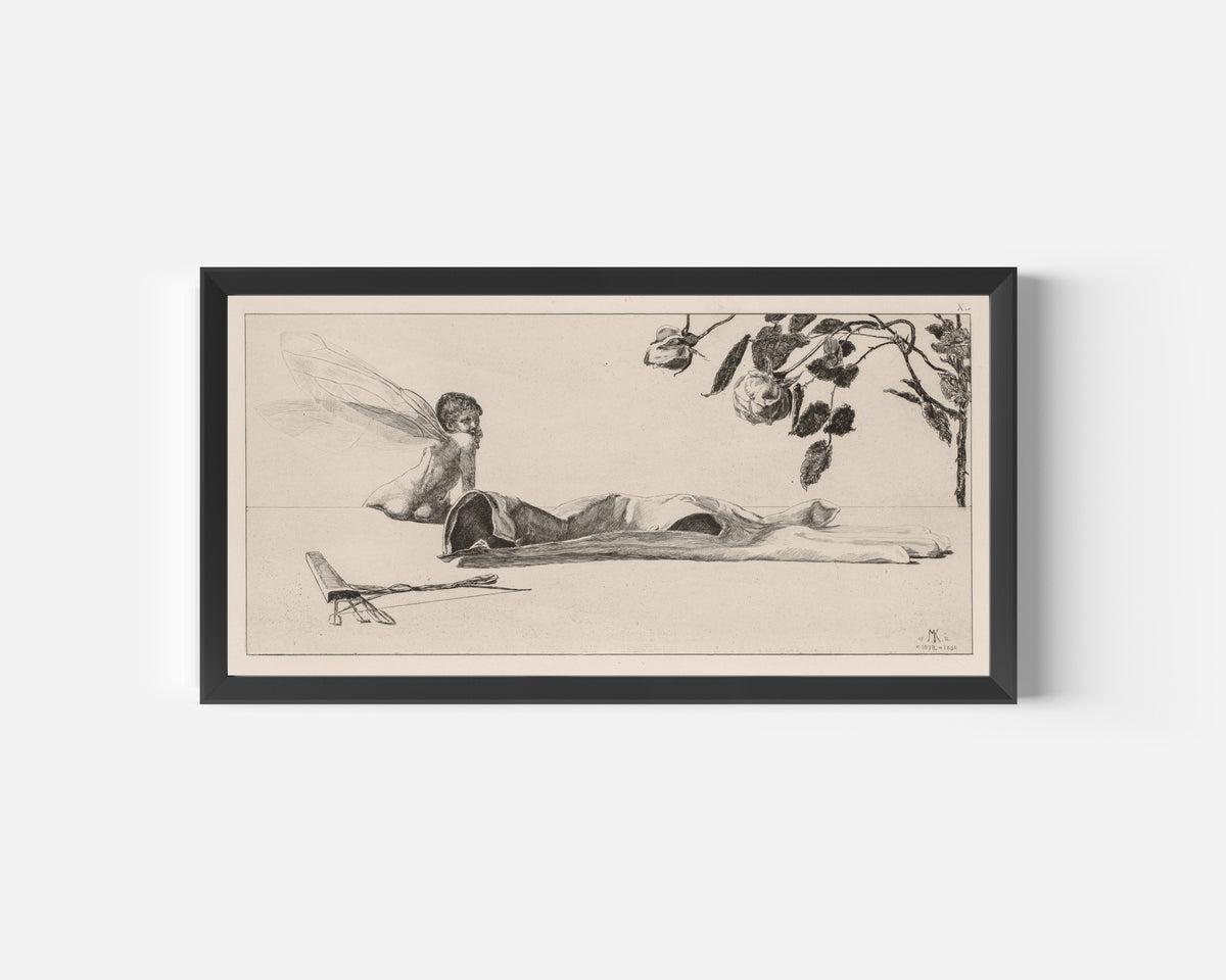 Framed art print of A Glove: Amor by Max Klinger, in a wide black frame on a plain white wall