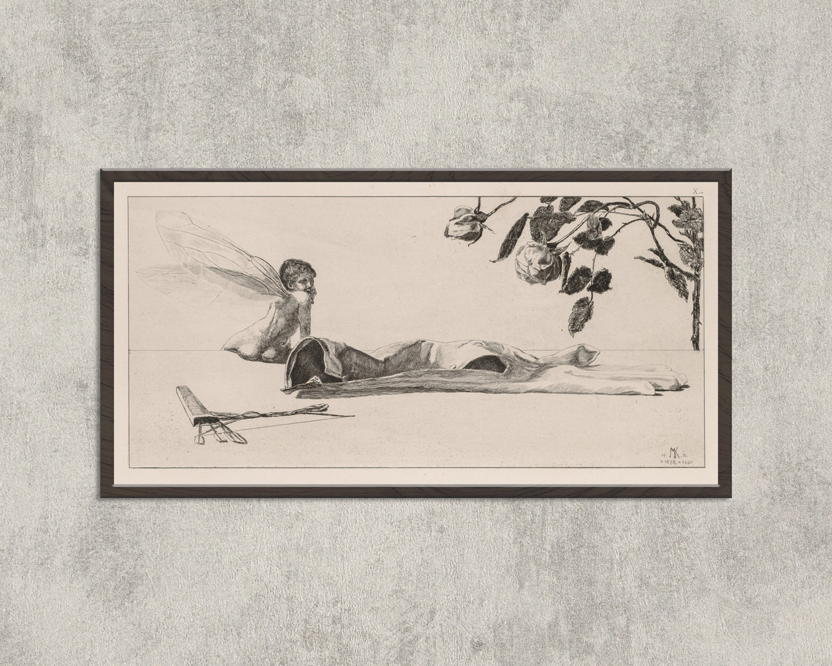 Framed art print of A Glove: Amor by Max Klinger, in a wide black frame on a concrete wall