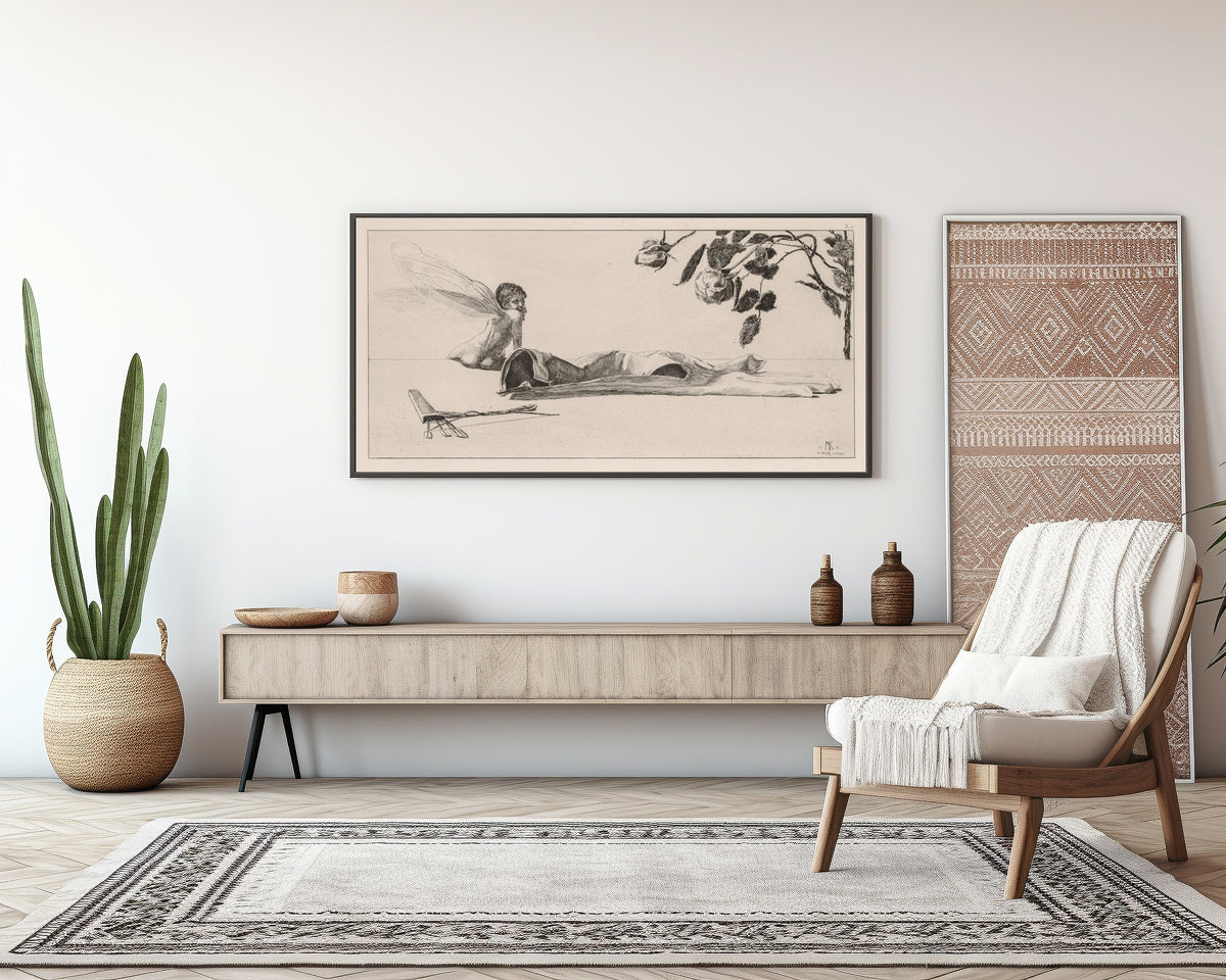 Framed art print of A Glove: Amor by Max Klinger, above a sideboard in a living room