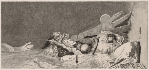 A Glove: Anxieties by Max Klinger — A giant glove reaches over a sleeper's bed swarming with phantoms