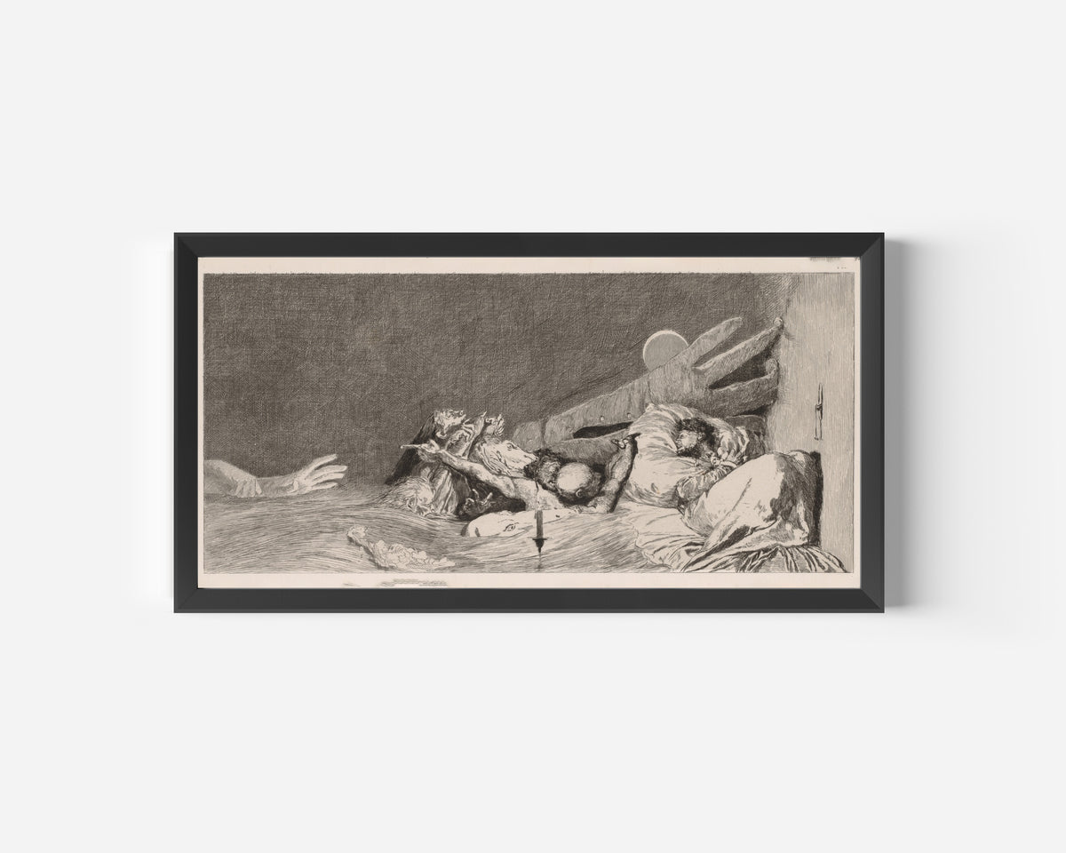 Framed art print of A Glove: Anxieties by Max Klinger, in a wide black frame on a plain white wall