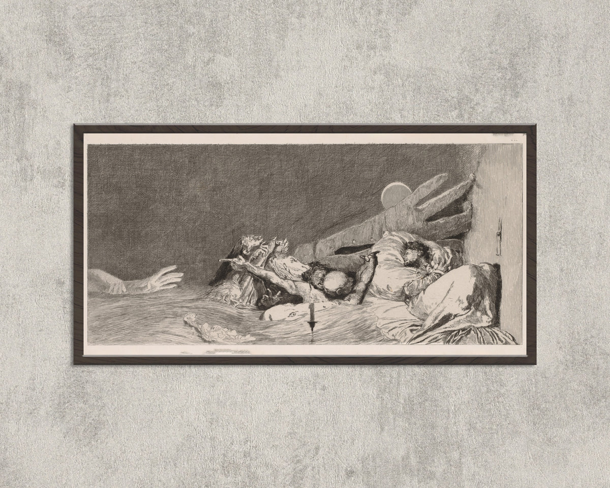 Framed art print of A Glove: Anxieties by Max Klinger, in a wide black frame on a concrete wall