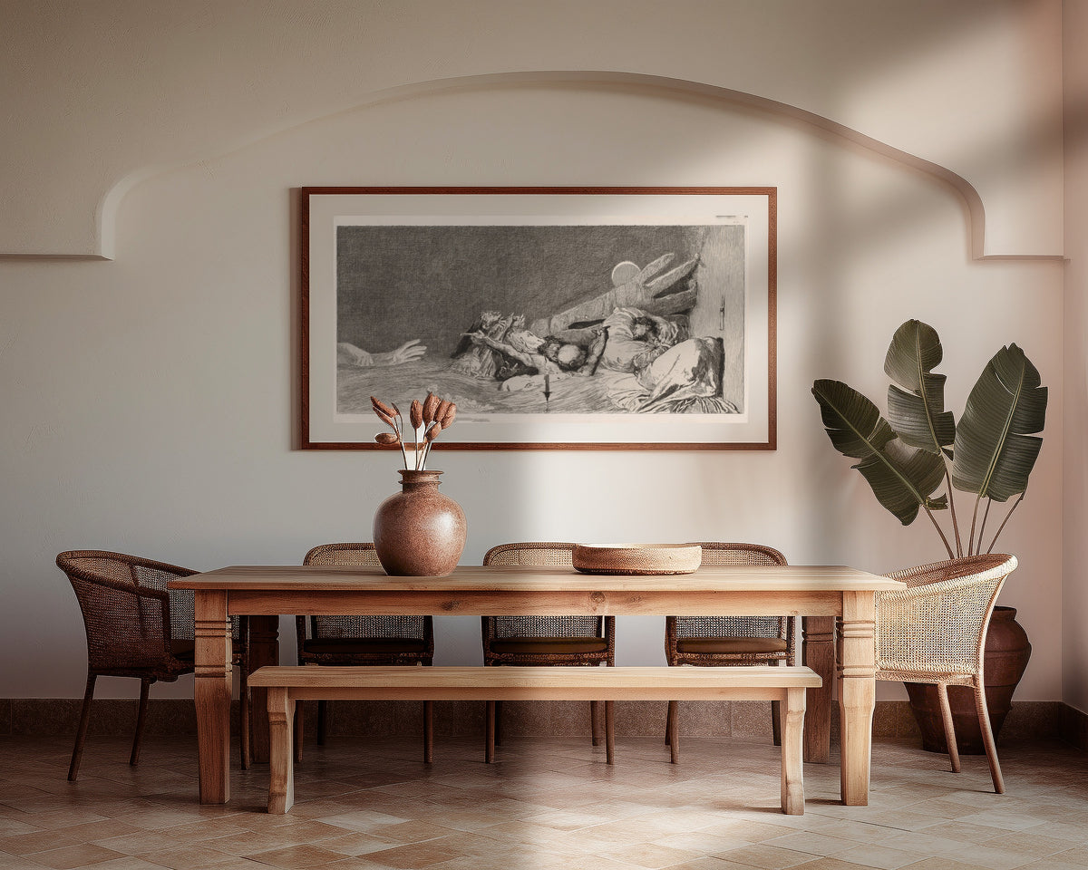 Framed art print of A Glove: Anxieties by Max Klinger, above a wooden dining table