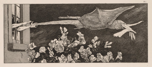 A Glove: The Abduction by Max Klinger — A winged reptile carries off a glove as arms reach from a window