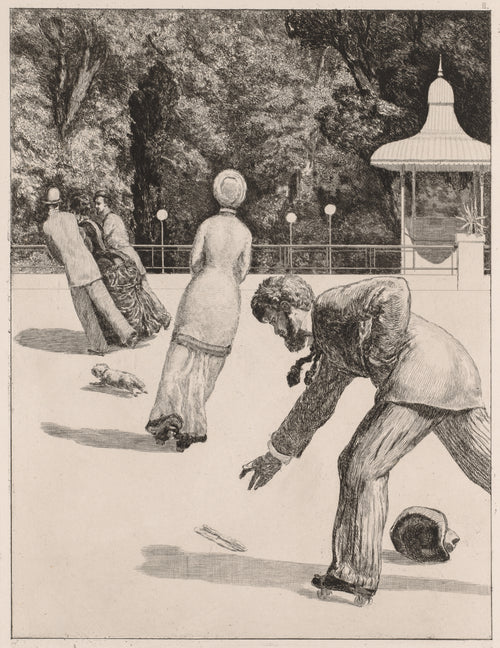 A Glove: The Action by Max Klinger — A skater stoops for a dropped glove as a lady glides away