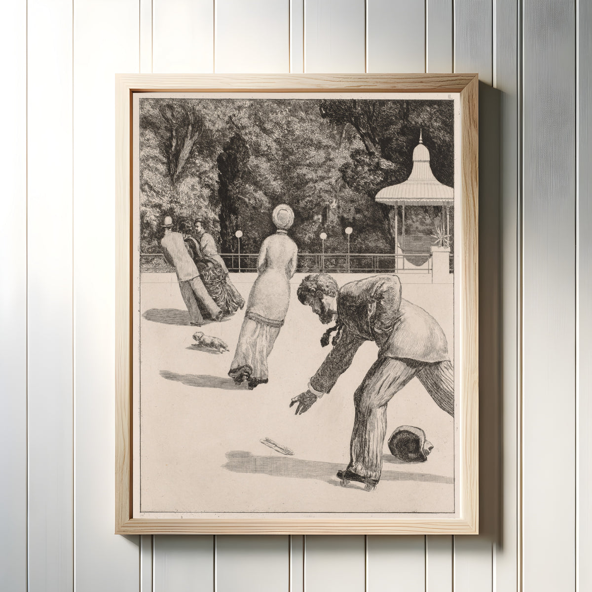 Framed art print of A Glove: The Action by Max Klinger, in a light wood frame on a white panelled wall