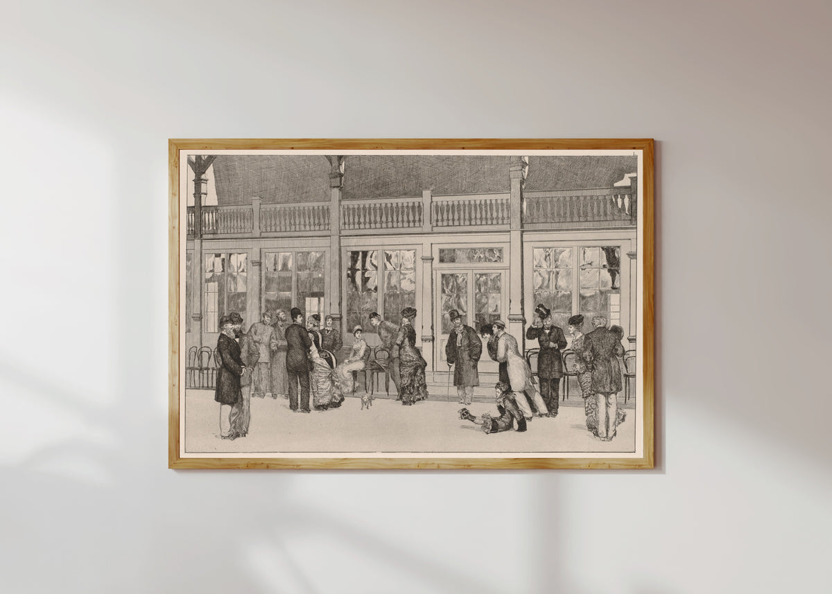 Framed art print of A Glove: The Locale by Max Klinger, in a light wood frame on a sunlit white wall