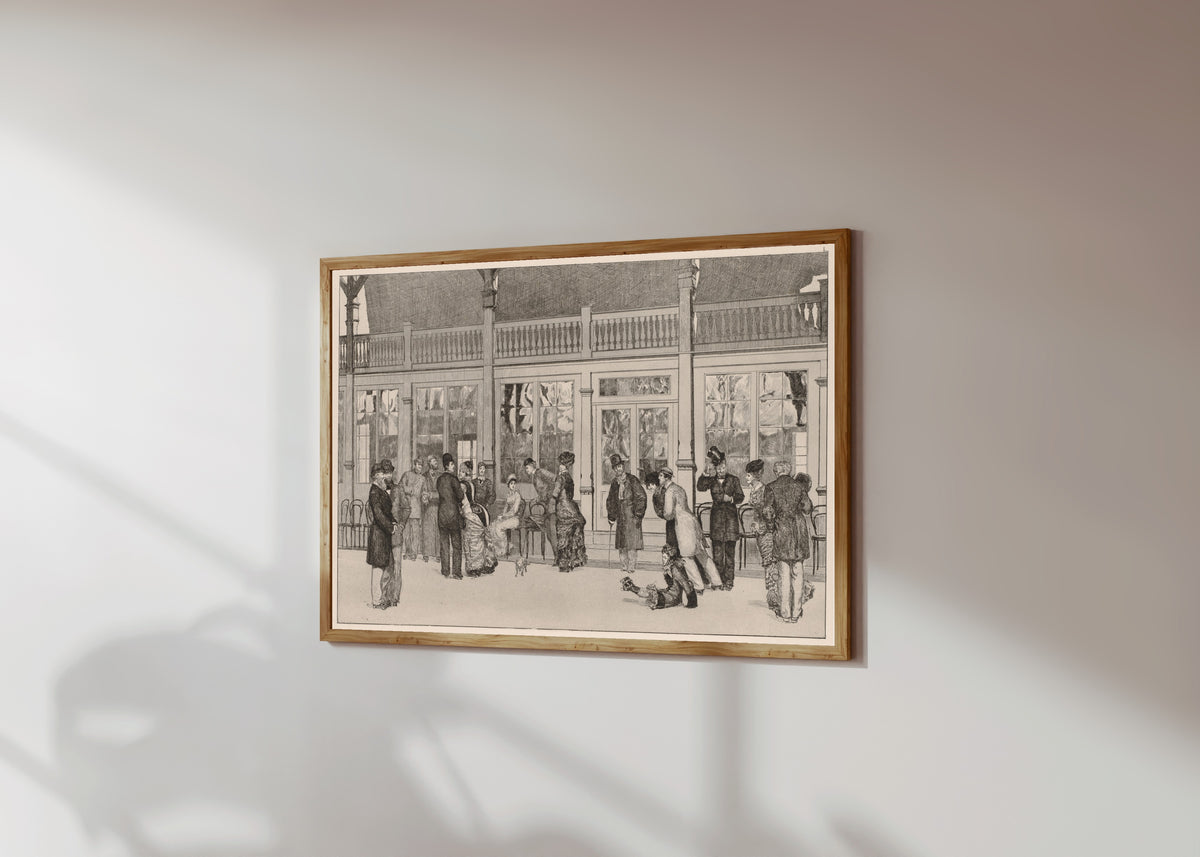 Framed art print of A Glove: The Locale by Max Klinger, in a light wood frame on a sunlit white wall, seen at a slight angle