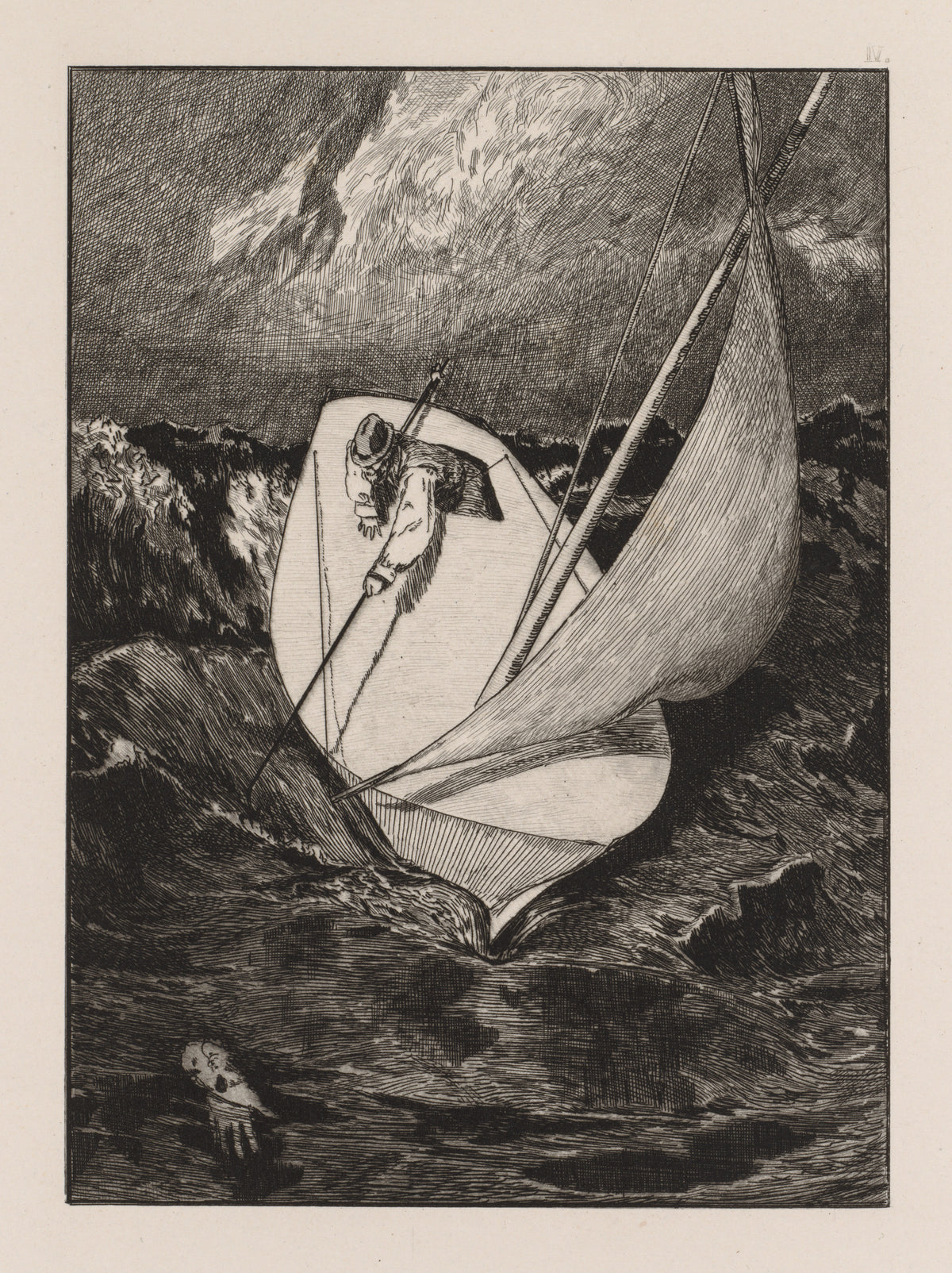 A Glove: The Rescue by Max Klinger — A man leans from a heeling sailboat toward a glove lost in the waves