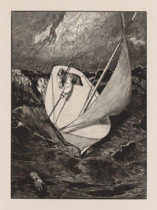 A Glove: The Rescue by Max Klinger — A man leans from a heeling sailboat toward a glove lost in the waves