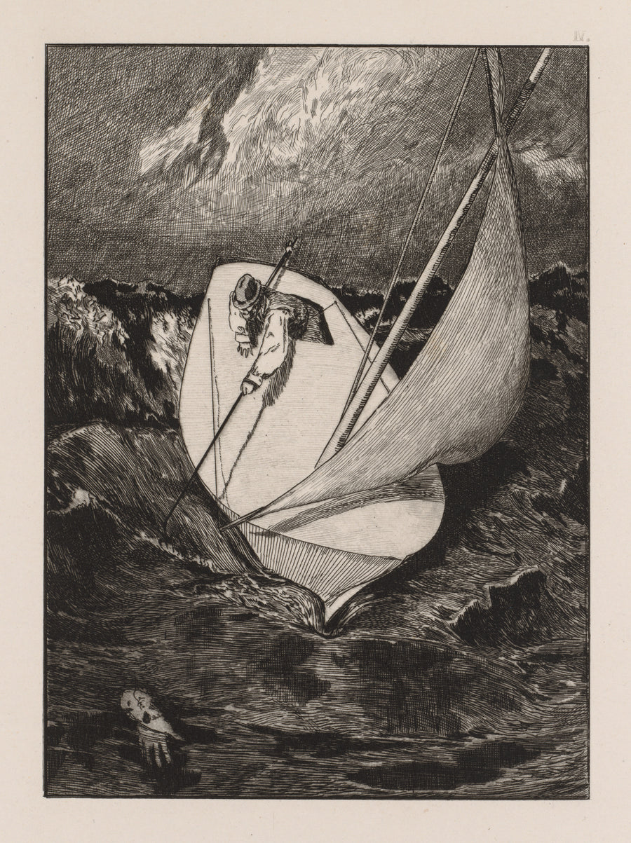 Max Klinger — A Glove: The Rescue | Etching Print shown to scale on a wall above a sofa