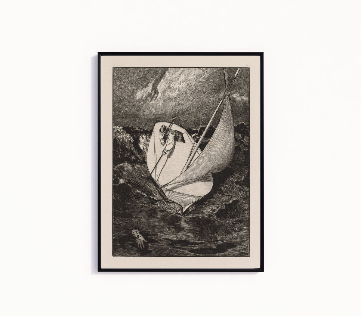 Framed art print of A Glove: The Rescue by Max Klinger, in a slim black frame on a plain white wall