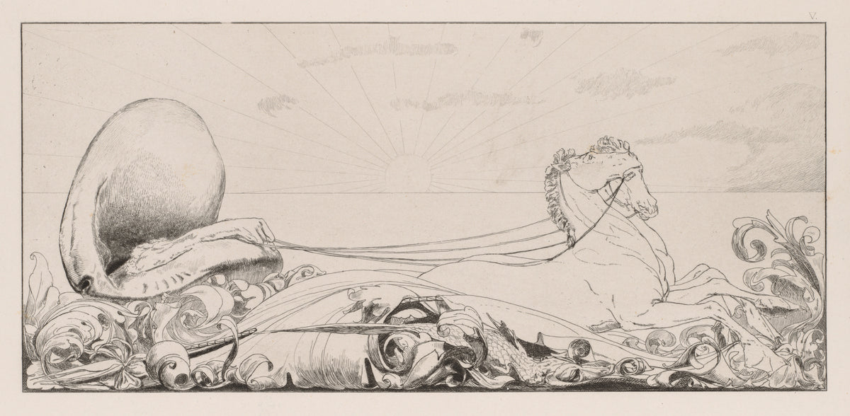 A Glove: Triumph by Max Klinger — A glove in a great shell chariot drawn by a sea horse under a low sun