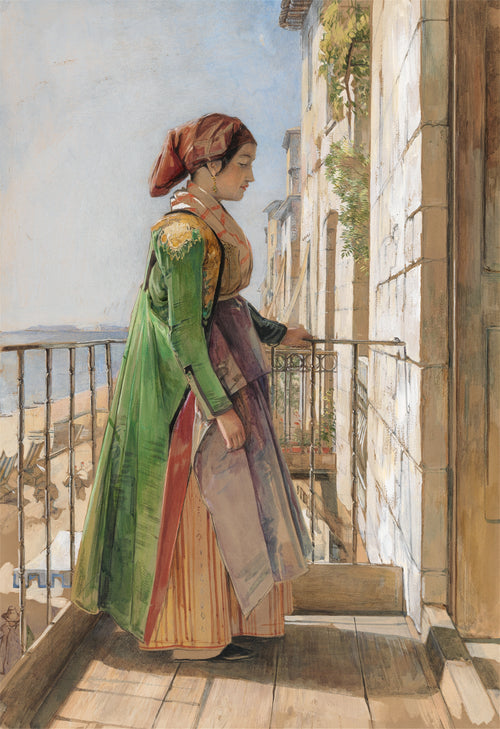 A Greek Girl Standing on a Balcony by John Frederick Lewis — A young woman in a green coat looks down from a sunlit balcony