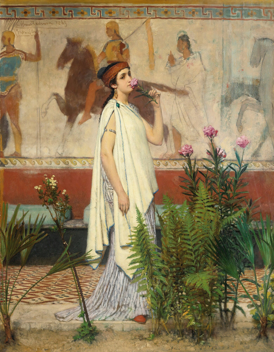 Lawrence Alma-Tadema — A Greek Woman | Art Print shown to scale on a wall above a sofa