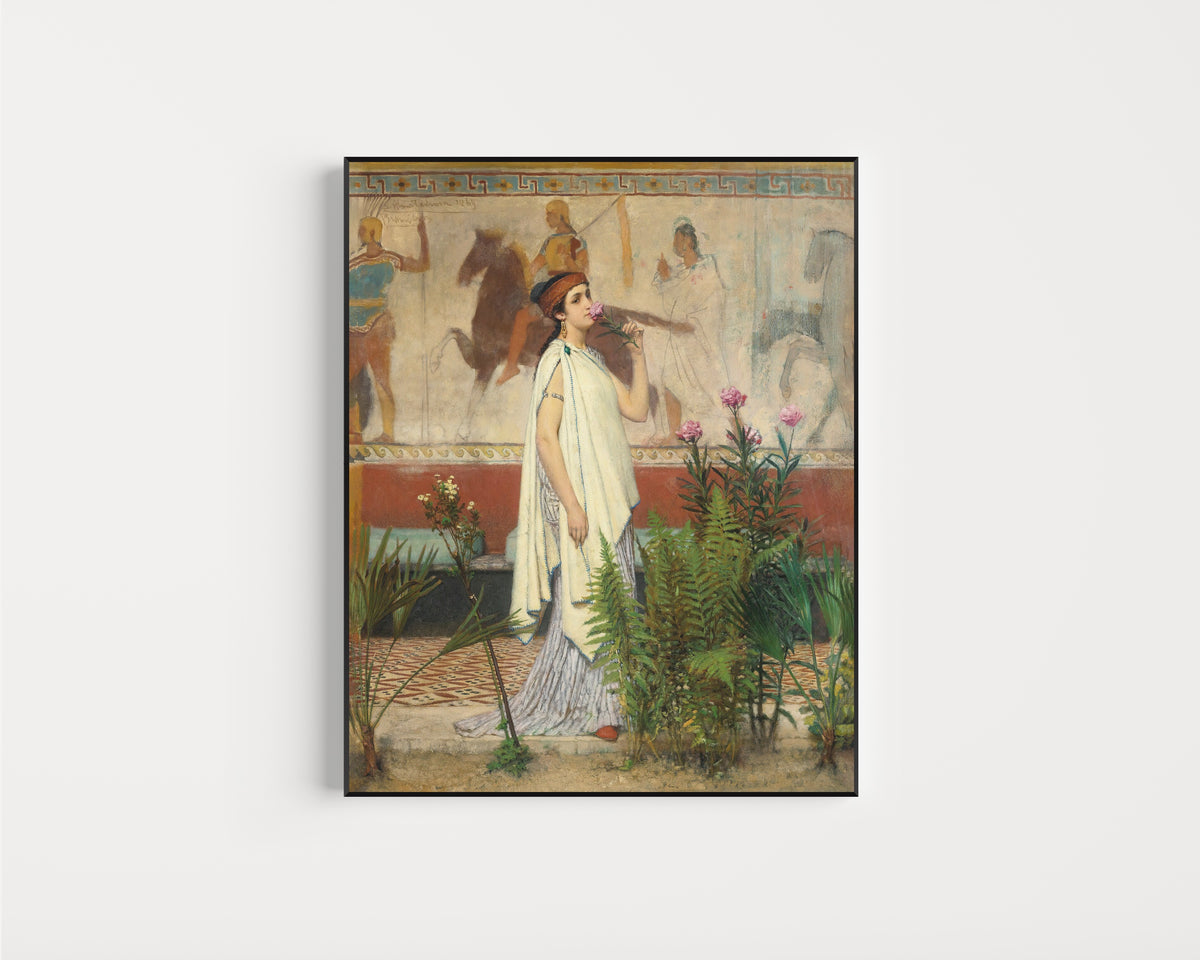 Framed art print of A Greek Woman by Lawrence Alma-Tadema, in a slim black frame on a plain white wall