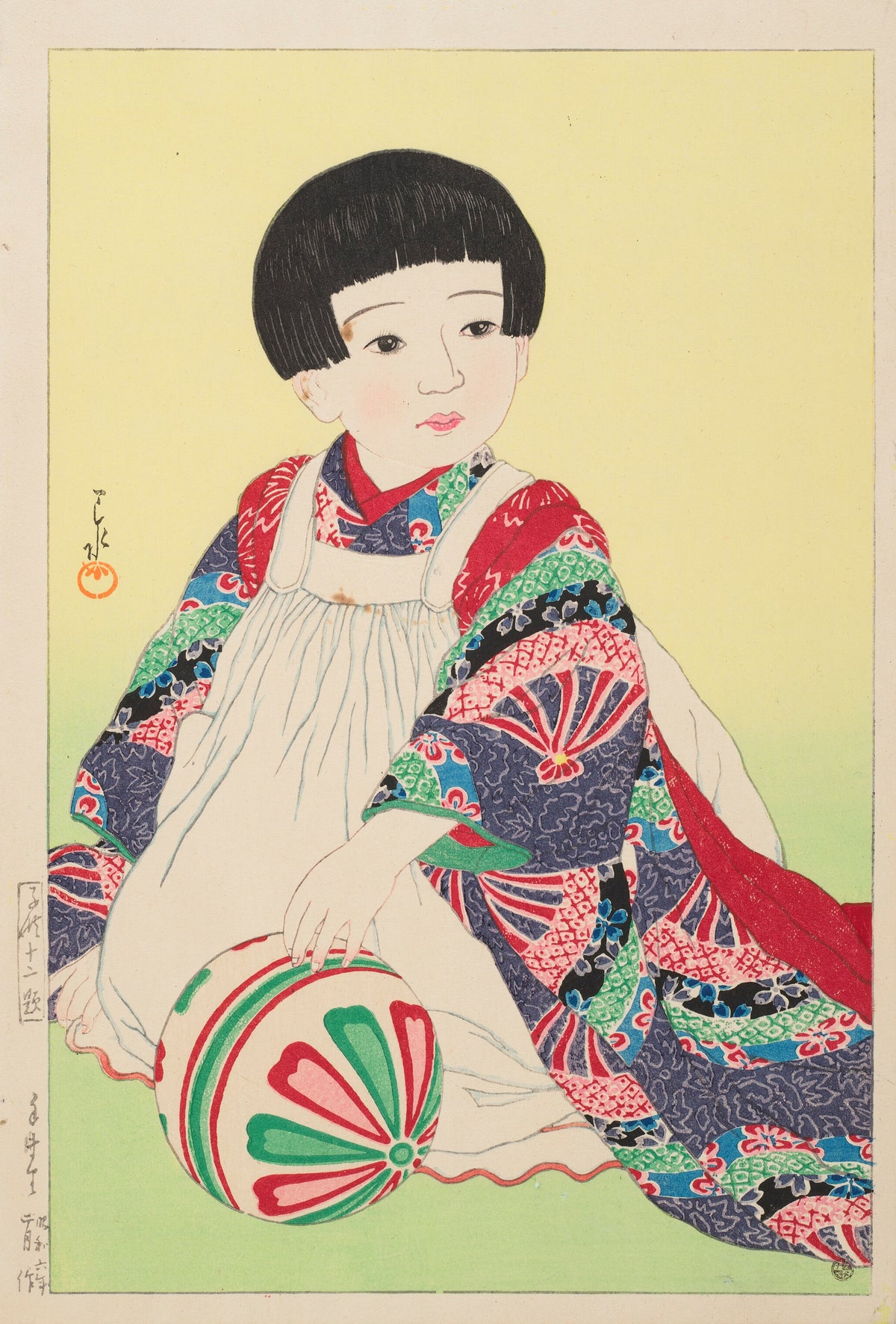 A Hand Ball, Portrait of Takagi Junko by Kawase Hasui — A child in a patterned kimono beside a bright hand ball