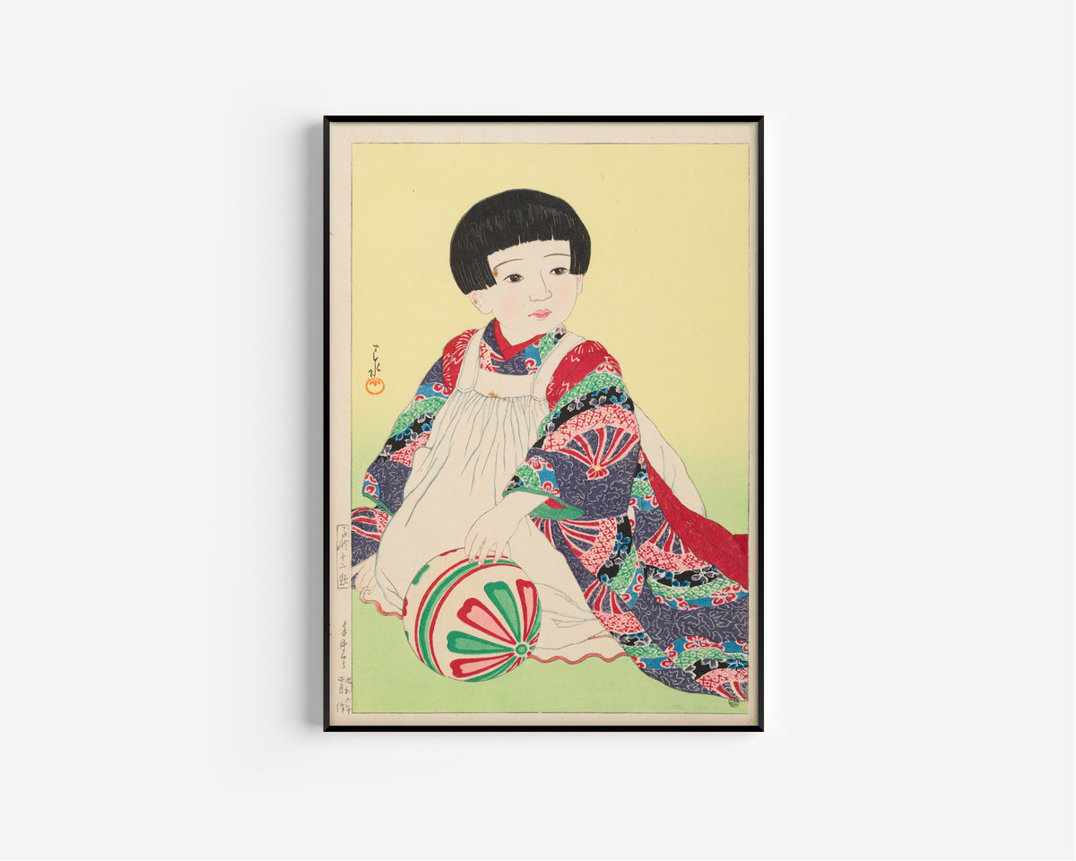 Framed art print of A Hand Ball, Portrait of Takagi Junko by Kawase Hasui, in a slim black frame on a plain white wall