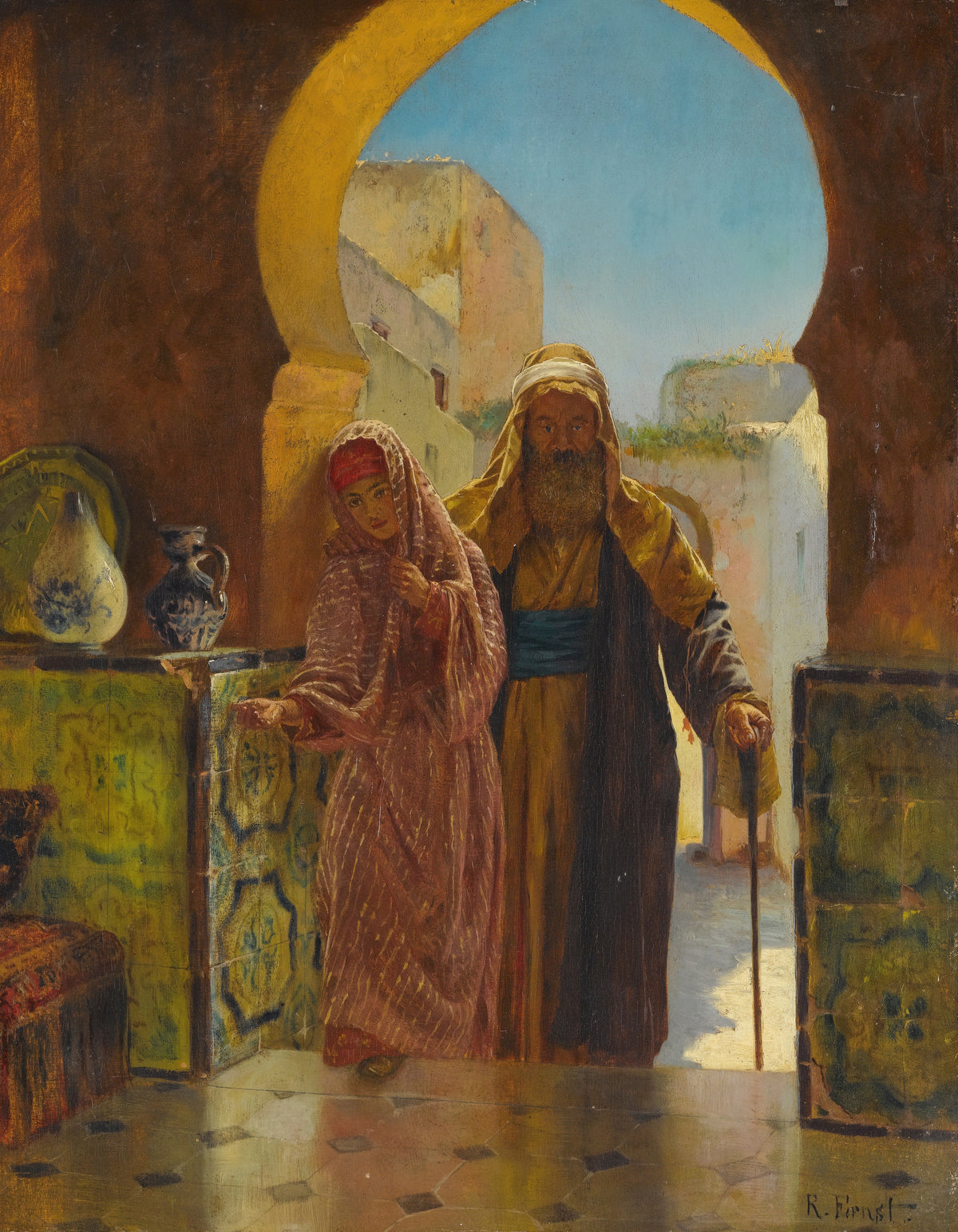 A Helping Hand by Rudolf Ernst — A girl guides an old man with a cane through a horseshoe arch