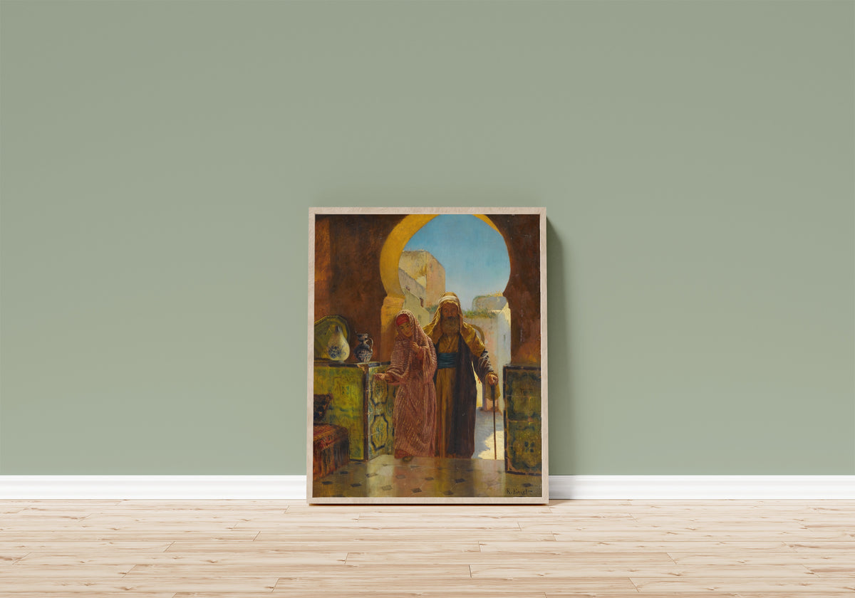 Framed art print of A Helping Hand by Rudolf Ernst, in a light wood frame leaning on a sage green wall above a wooden floor