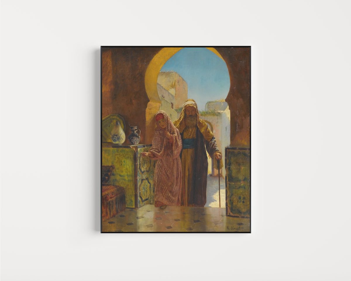Framed art print of A Helping Hand by Rudolf Ernst, in a slim black frame on a plain white wall