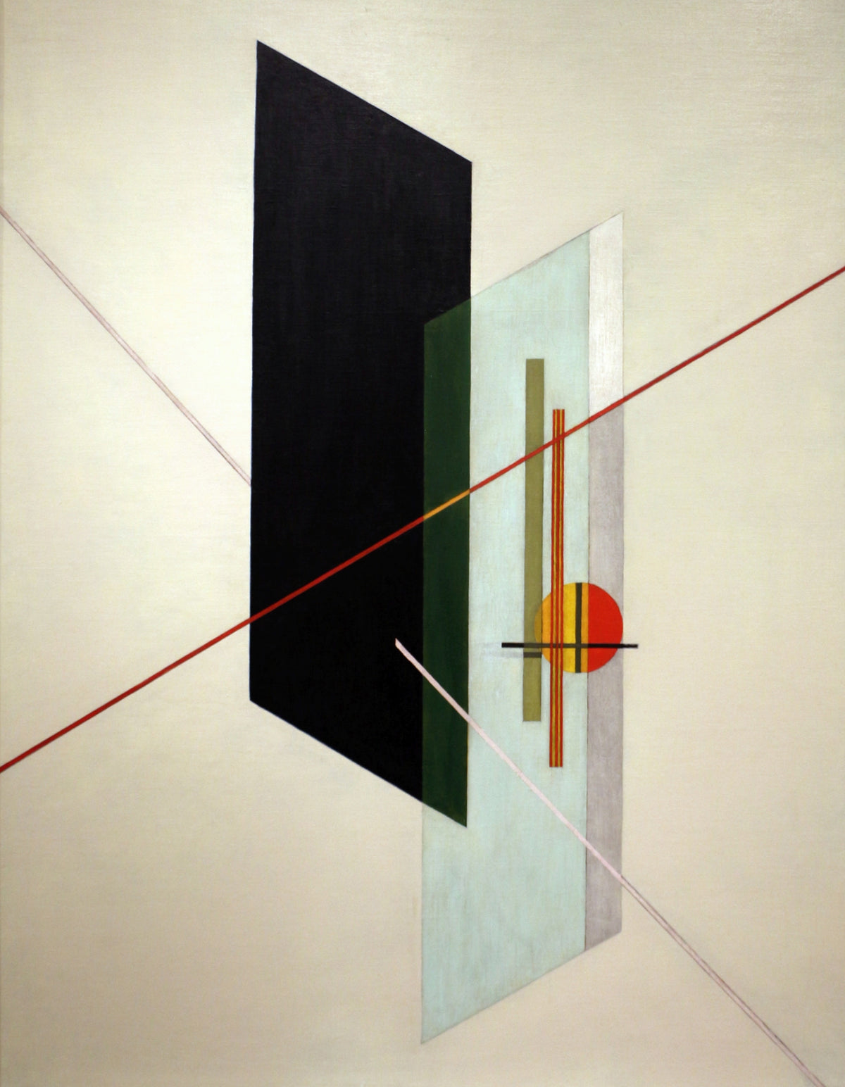 A IX by László Moholy-Nagy — A black plane and a pale green panel cut by red and pink lines