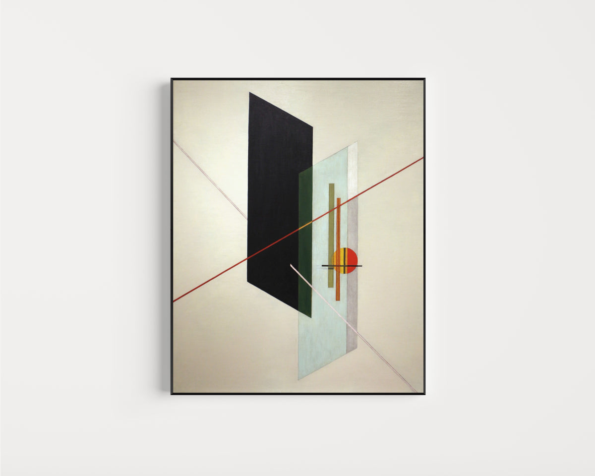 Framed art print of A IX by László Moholy-Nagy, in a slim black frame on a plain white wall