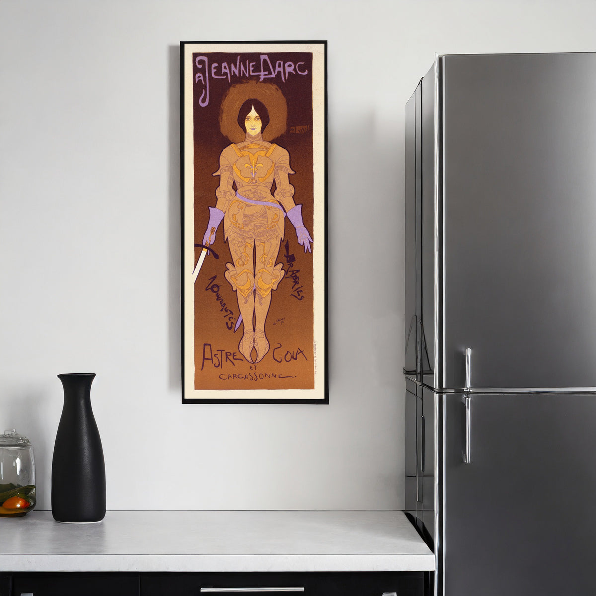 Framed art print of A Jeanne d'Arc by Georges de Feure, on a kitchen wall
