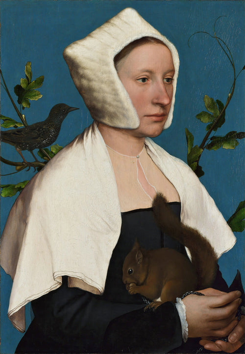 A Lady with a Squirrel and a Starling by Hans Holbein the Younger — A woman in a white fur cap with a red squirrel and a starling