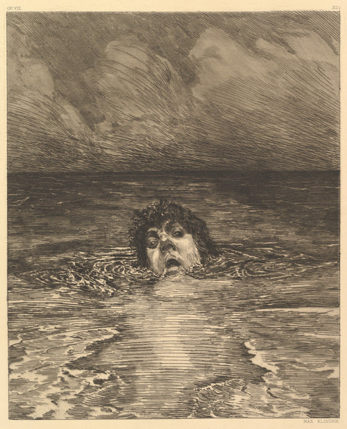 A Life: Going Under by Max Klinger — A single head stares out from a flat, dark open sea