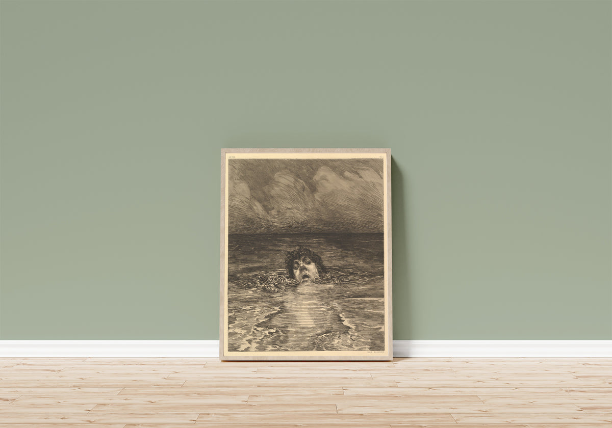 Framed art print of A Life: Going Under by Max Klinger, in a light wood frame leaning on a sage green wall above a wooden floor