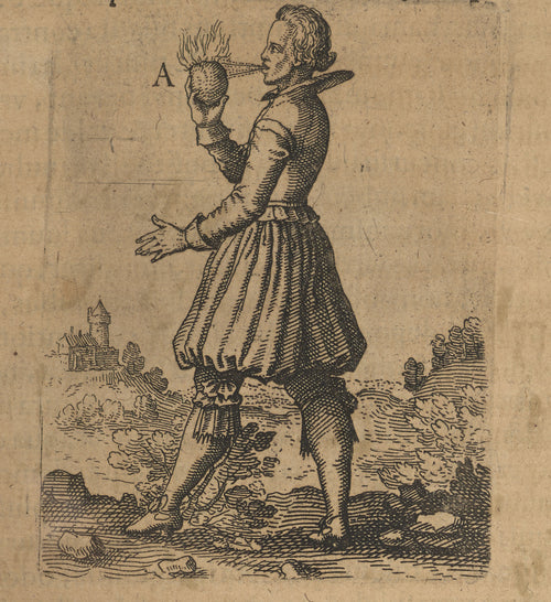 A Man Holding a Flaming Egg (Utriusque Cosmi, p. 195) by Robert Fludd — A young man blows on a flaming egg held up in one hand