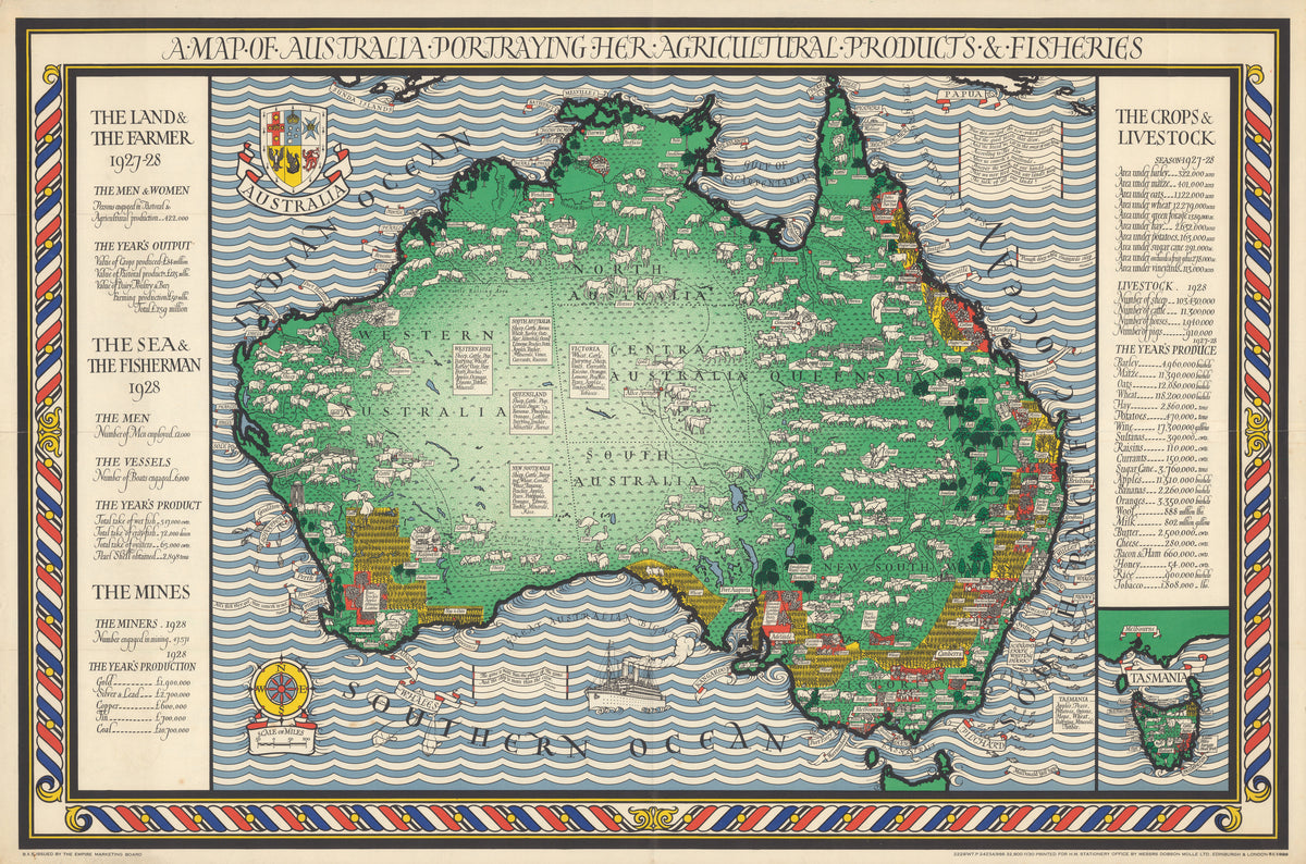 MacDonald Gill — A Map of Australia Portraying Her Agricultural Products & Fisheries | Vintage Pictorial Map Print