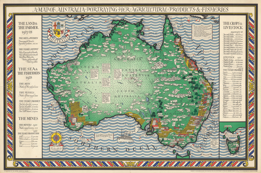 MacDonald Gill — A Map of Australia Portraying Her Agricultural Products & Fisheries | Vintage Pictorial Map Print shown to scale on a wall above a sofa