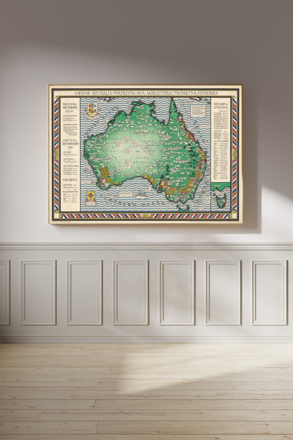MacDonald Gill — A Map of Australia Portraying Her Agricultural Products & Fisheries | Vintage Pictorial Map Print