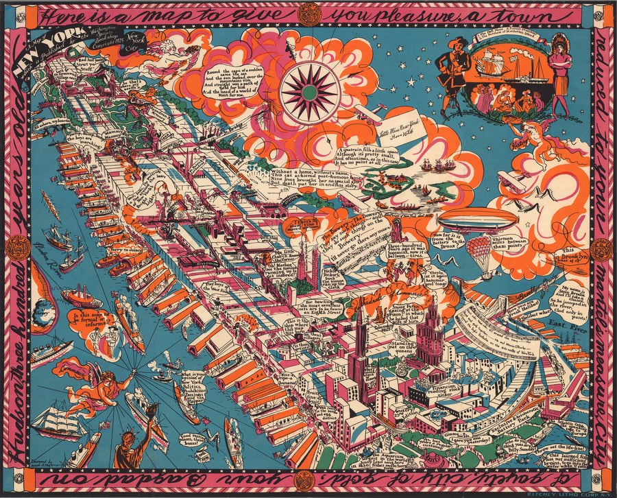 Joseph B. Platt — A Map of New York | Vintage Pictorial Map Print shown to scale on a wall above a sofa