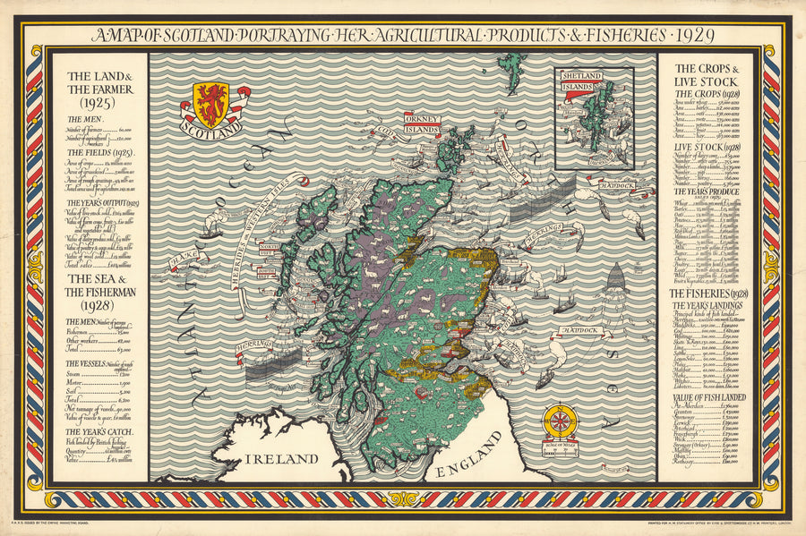 MacDonald Gill — A Map of Scotland Portraying Her Agricultural Products and Fisheries | Vintage Pictorial Map Print shown to scale on a wall above a sofa