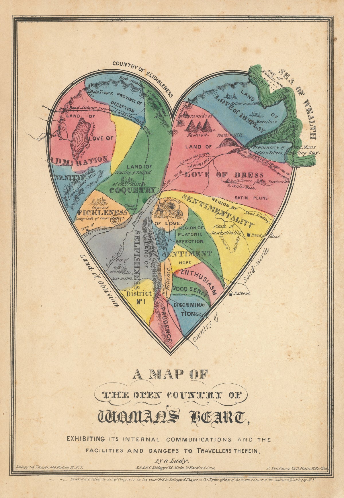 E.B. & E.C. Kellogg — A Map of the Open Country of Woman's Heart | Hand-Coloured Allegorical Map Print